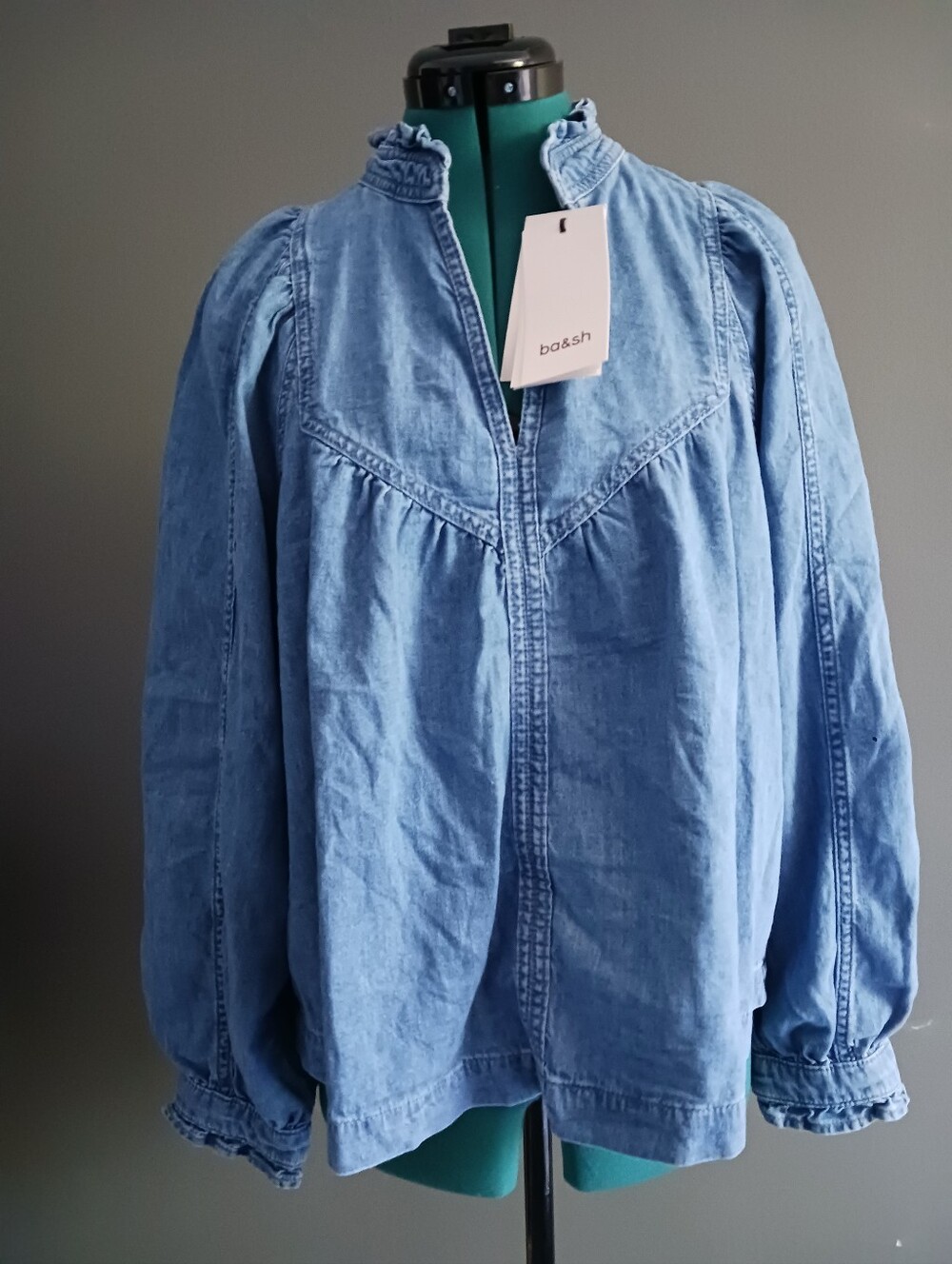 NWT ba&sh Top Lay Light Blue Denim Peasant Blouse Size S